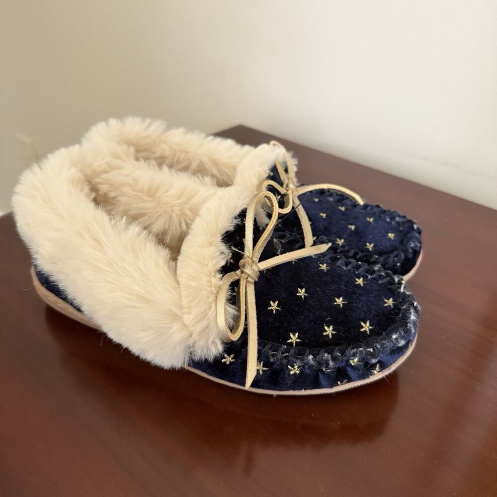 J. Crew Womens Shoes Slippers Blue Velvet Moon and Stars Faux Fur Size 6
